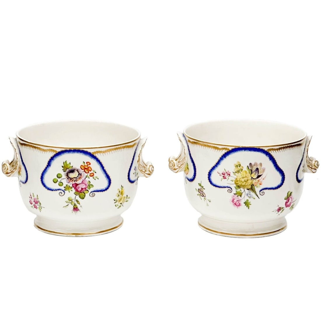 Royal Crown Derby England Hand Painted Porcelain Cache Pots or Coolers c. 1810: Royal Crown Derby England Hand Painted Porcelain Cache Pots or Coolers, circa 1810. A white ground with hand painted florals, blue and gilt accents. Shell shaped handles. Underside with Royal Crown De