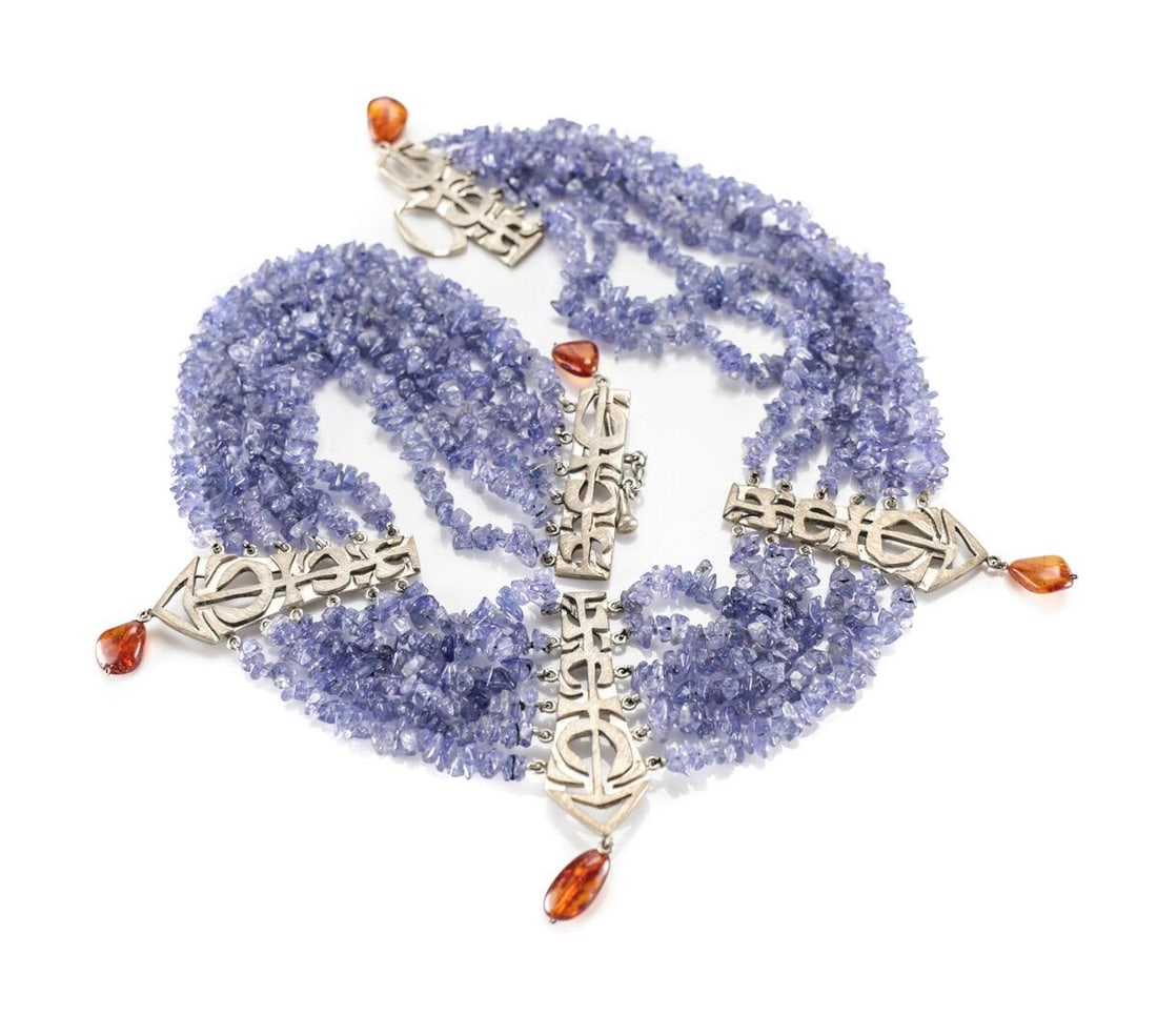 John Agee Sterling Silver Amethyst and Amber Modernist Statement Necklace Choker: John Agee Sterling Silver Amethyst and Amber Modernist Statement Necklace / Choker. Features 6 strands of sparkling amethyst nuggets linked to modernist silver medallions in a florentine finish, and 5