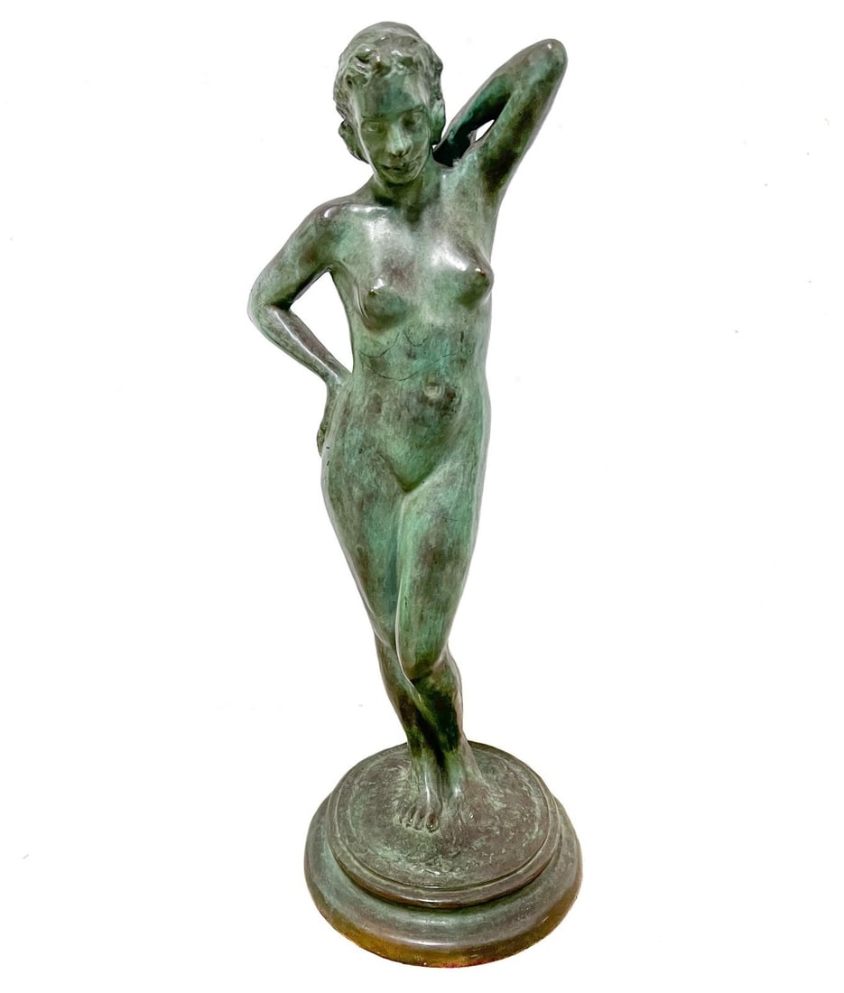 John Marshall Gamble Patinated Bronze Nude Female Figure: John Marshall Gamble (American, 1863-1957) Verte patinated Bronze, nude female, foundry Nelli Art Bronze Works LA. 10.8lb Measurements: Approx. 19.5 inches height x 7 x 7 inches Condition: Very good c