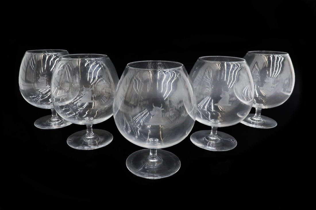 5 Steuben Art Glass Brandy Sniffer Goblets in Century Heraldic Emblem Signed: 5 Steuben art glass brandy sniffer goblets in Century. Engraved Heraldic emblem of a bull's head representing the Whitney family. Steuben mark "S" to underside. Weight: Approx. 4 lbs Measurements: App