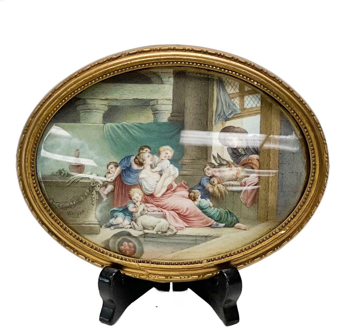 German Painting Miniature The Happy Family Framed Artist Signed Weigel c. 1900: 19th century German painting miniature after "The Happy Family" by Jean Honoré Fragonard (French, 1732-1806). Artist signed Weigel to the corner. In an oval shaped gilt wood frame. Weight: Approx. le