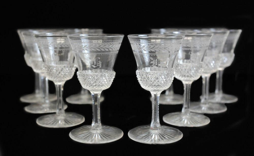 10 Stunning Continental Cut Glass Acid Etched Cordial Wine Glasses Edinburgh ? (1 of 3)