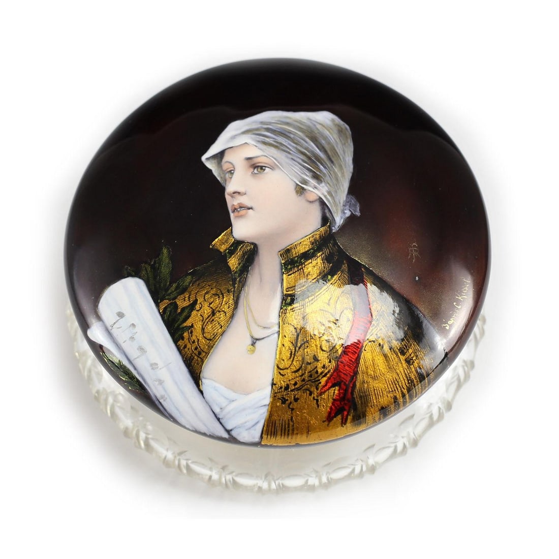 French Enamel Portrait on Bronze Crystal Powder Jar, c1900 Woman w/ Sheet Music (1 of 4)