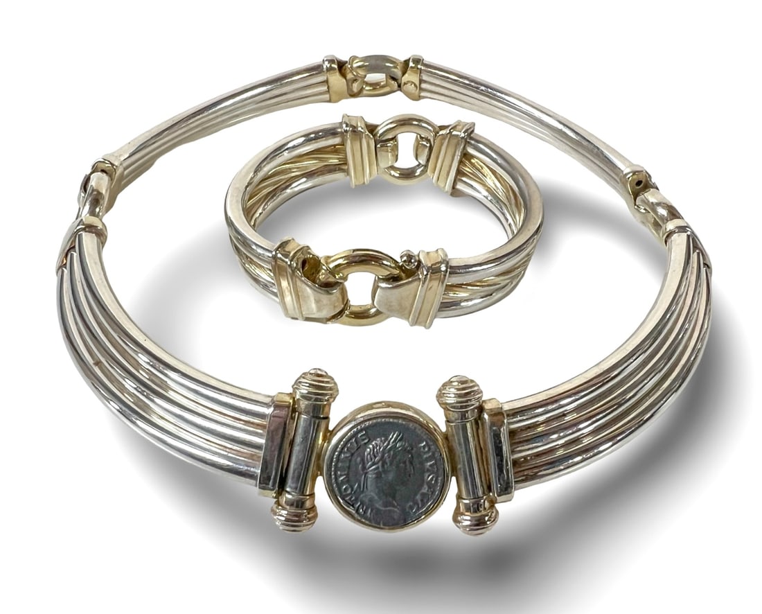Vintage Unoaerre Gilt Sterling Silver Collar Necklace Bracelet Set Dinarius Coin (1 of 15)