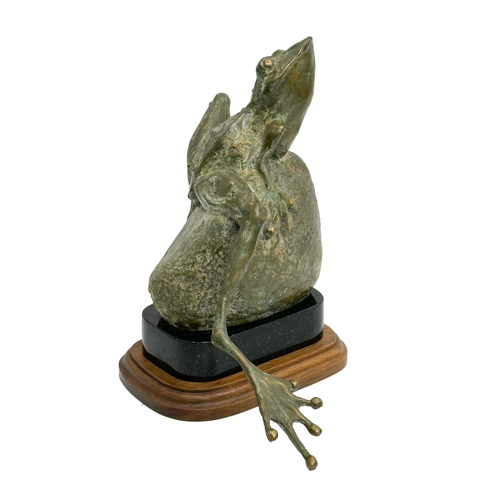 Sandy Scott Bronze Frog Sculpture "Rock On" Ltd Ed/100: Sandy Scott Bronze Frog Sculpture "Rock On" Ltd Ed/100. Depicts a frog perched on a rock, mounted on a black marble base upon a wood base. Lower edge signed Sandy Scott '04 and numbered out of 100. We