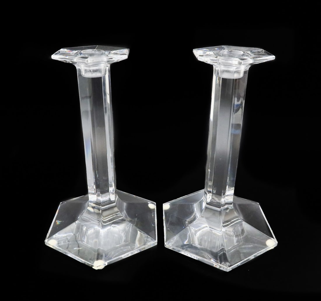 Baccarat France Crystal Glass Hexagonal Lobed 9 inch Pillar Candlestick Signed: Baccarat France crystal glass hexagonal lobed 9 inch pillar candlestick. Baccarat mark to underside base. Weight: Approx. 6 lbs Measurements: Approx. 6.5 inches diameter x 9.1 inches tall Condition: G
