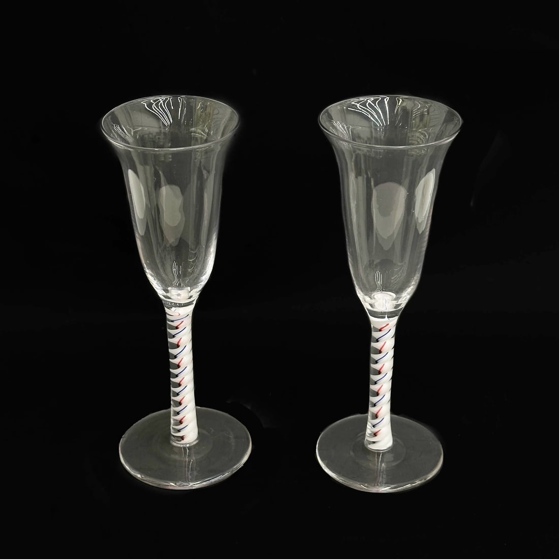 Pair English Glass Red White Blue Air Twist Champagne Flutes 19th cen (1 of 5)