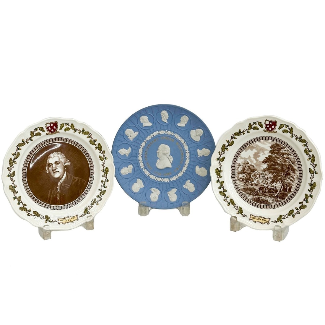 3pc Wedgwood Plates Pair Queensware Ltd Ed/3000 and 250th Josiah & Circle/10000: 3 Wedgwood England Cabinet Plates. Includes a pair of Queensware Josiah Wedgwood FRS and Etruria Hall Plates Limited Edition/3000, and a 250th Anniversary Blue Jasperware Josiah Wedgwood and His Circl