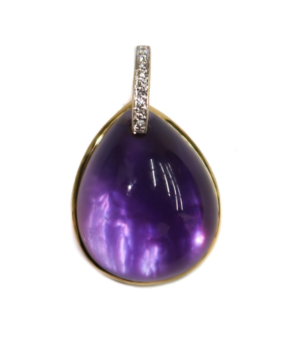 Gump's 18k Yellow Gold Cabochon Amethyst Mother Pearl Diamond Necklace Pendant: Gump's 18k yellow gold cabochon amethyst, mother of pearl, and diamond necklace pendant or enhancer. Cabochon teardrop amethyst to center measuring around 23mm x 20.1mm x 12.3mm with a mother of pearl