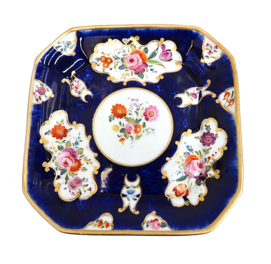 English Porcelain Blue Scale Hand Painted Square Footed Dish 19th Century (1 of 5)