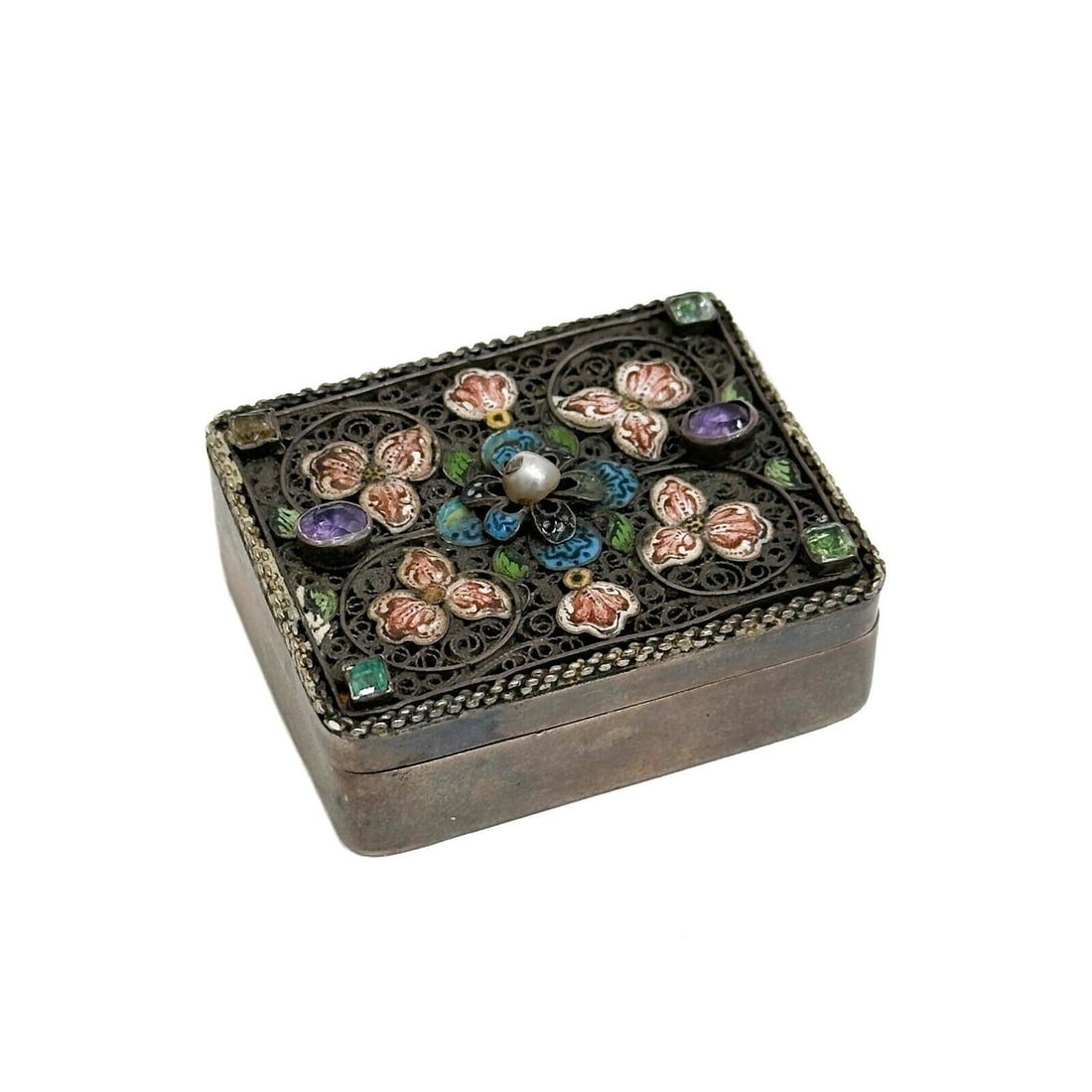 Austrian Silver Filigree Enamel and Stone Snuff Box early 20th century (1 of 4)
