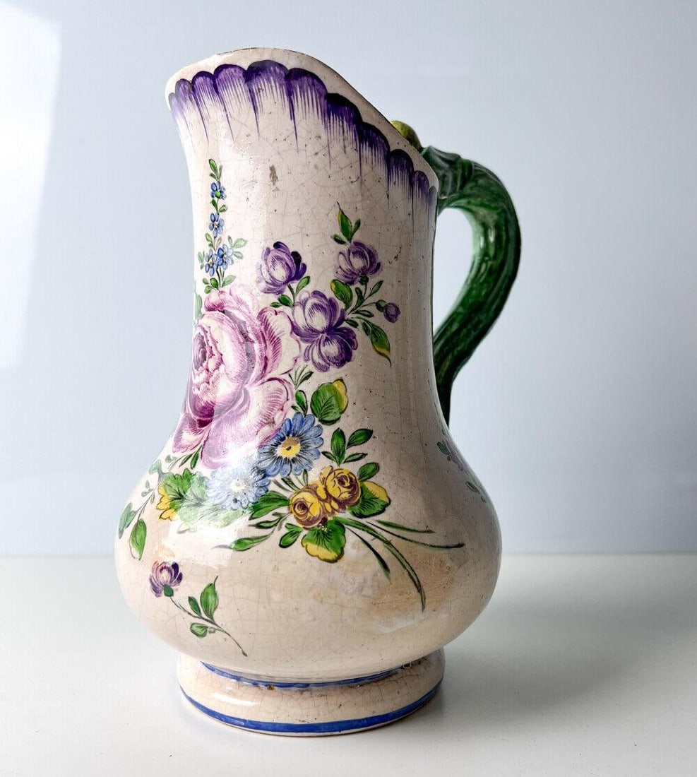 Veuve Perrin Faience Pitcher 18-19th century hand painted floral branch handle (1 of 6)