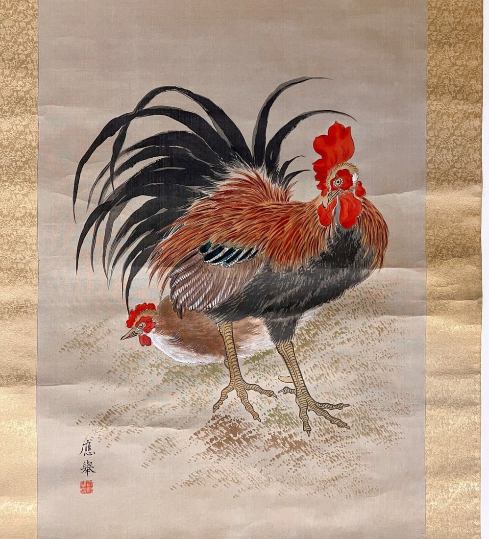 Antique Vertical Chinese Scroll painting Rooster and Hen Signed (1 of 9)