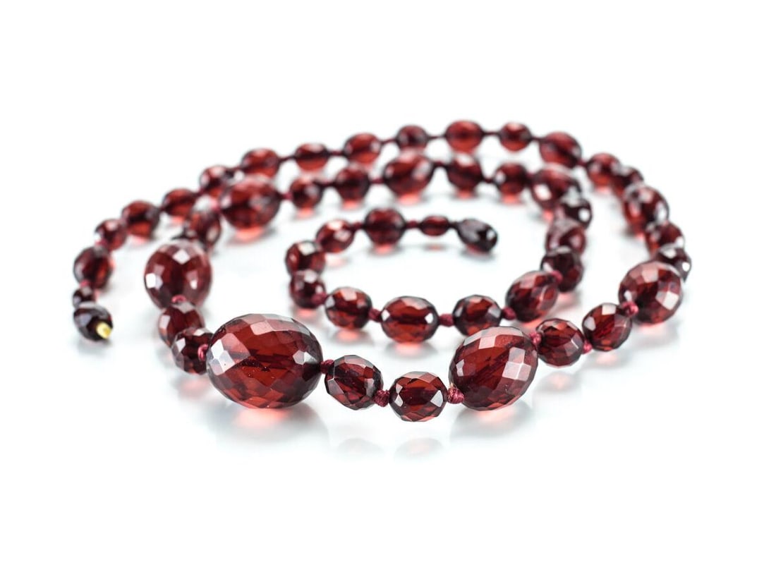 Vintage Cherry Red Amber Beaded Necklace Faceted Hidden screw closure 34 in (1 of 6)