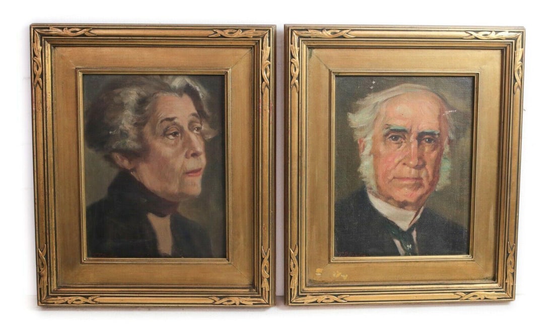 T.R. Condon Oil Paintings on Mansonite, Pair of Portraits, c1930 gilt wood frame (1 of 7)