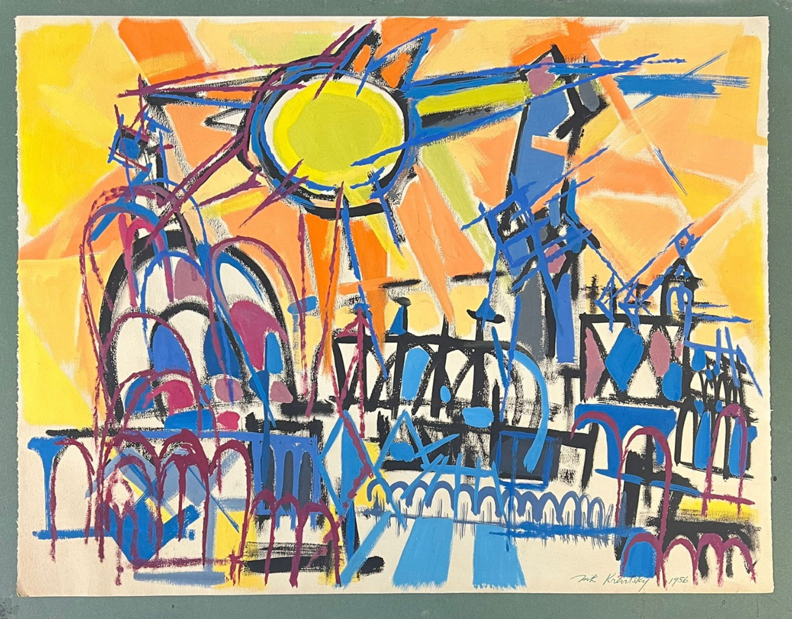 Nik Krevitsky gouache painting Abstract Expressionist Cityscape 1956: Nik Krevitsky (American 20th Century) gouache painting on paper, expressionist cityscape dated 1956, signed lower right in pen. Mounted on board. Measures Approx., Board 28.125 x 21.875 inches; sheet