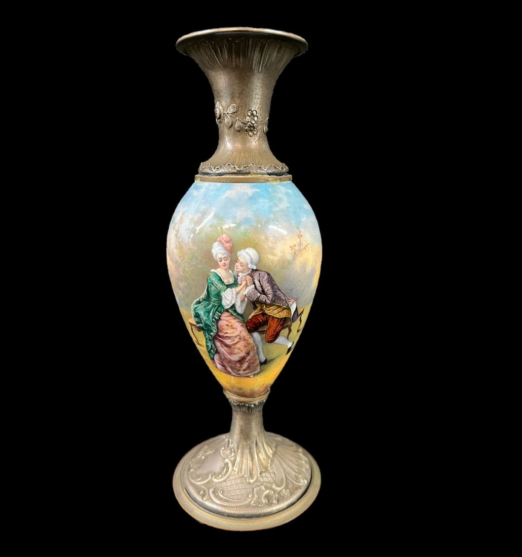Hand painted French enamel on copper and silver mounted vase c1900 (1 of 10)