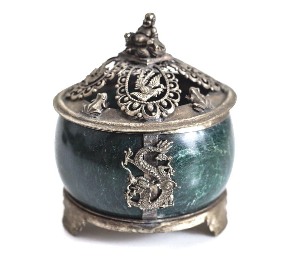 Antique Chinese Nephrite Jade Footed silver Mount Censer, buddha finial c1900 (1 of 4)