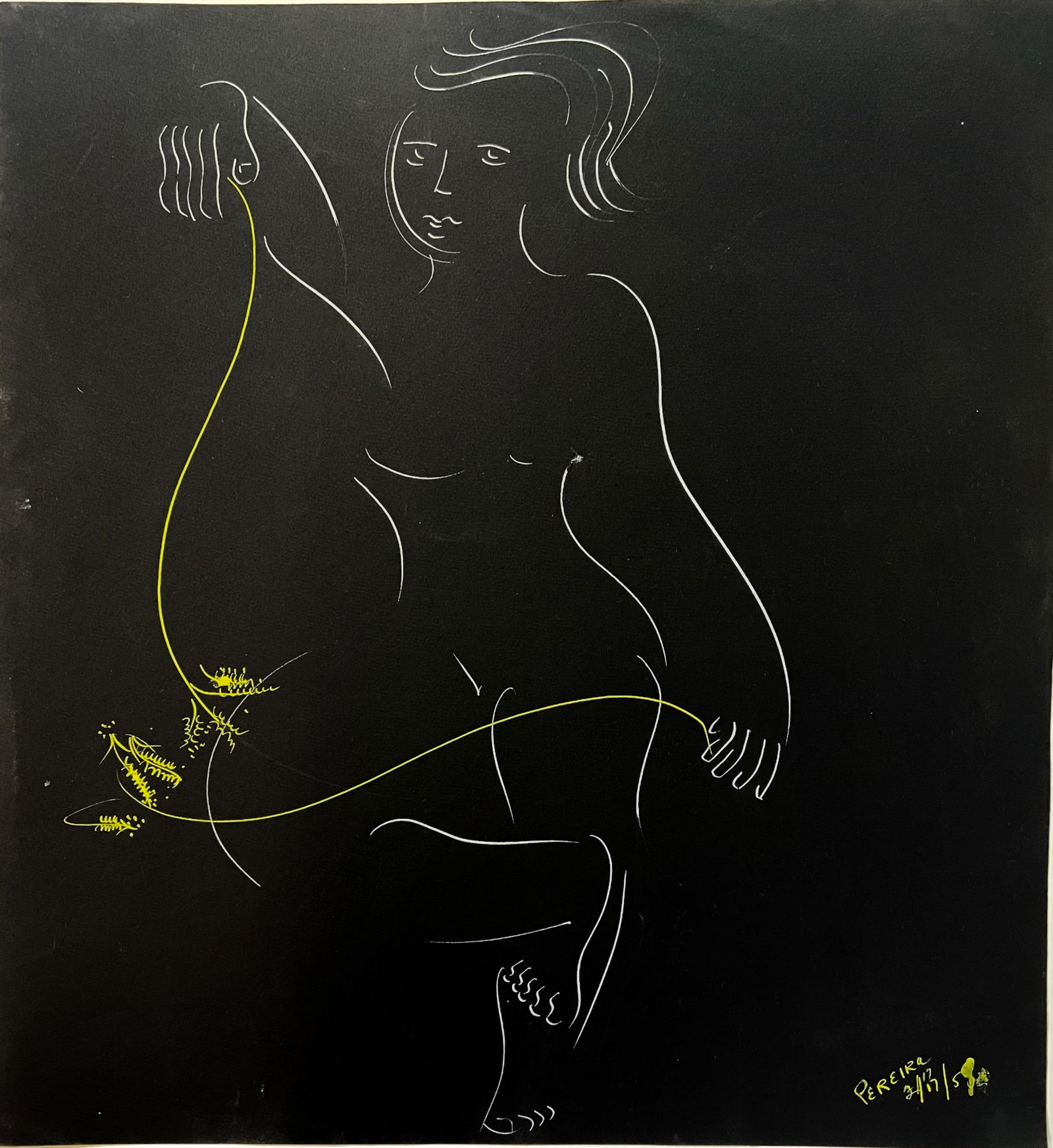 Irene Rice Pereira Gouache line drawing on black paper, Abstract figure c1950: Irene Rice Pereira (American 1902 -1971) Gouache line drawing on black paper, Abstract figure, signed and dated lower right c1950. Unframed.Measures Approx., 18.5 x 19.75 inchesDomestic Shipping $50