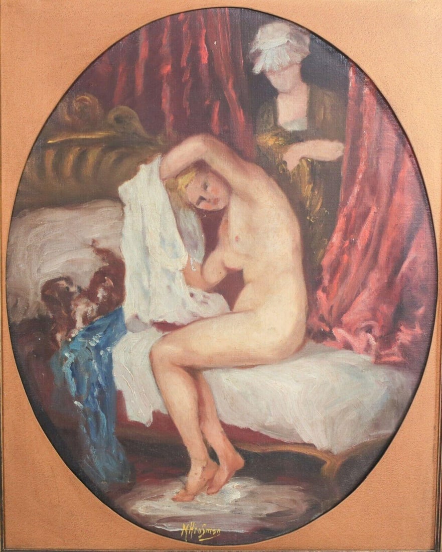 Manfred Hausman (German 1892-1955) Oil painting interior scene of female nude: Manfred Hausman (German 1892-1955) Oil painting on canvas, interior scene of female nude, undressing. Signed lower center. In wood frame with oval mat. 5.5lbs (USL) Measurements: Approx. painting 16 x