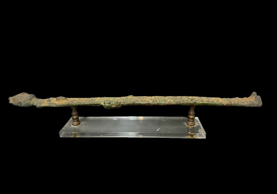 Grand Tour Archaic Style Bronze Statuette: Archaic Style Bronze Figure - almost appears to be a door handle - Elongated figure with modern bronze fittings on the reverse. Mounted on a plexi block. 4.8lbs From the estate of Beverly Hills social
