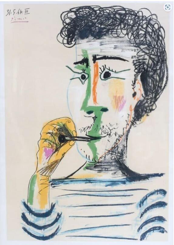 Picasso, Pablo Lithograph Man Smoking Pipe Signed COA: After Picasso, Pablo (Spanish 1881-1973) Lithograph Man Smoking Pipe 31.5.64 iiii. Colored Lithograph on paper. Signed and dated to the upper right hand corner in plate. Pablo Ruiz y Picasso, also kno