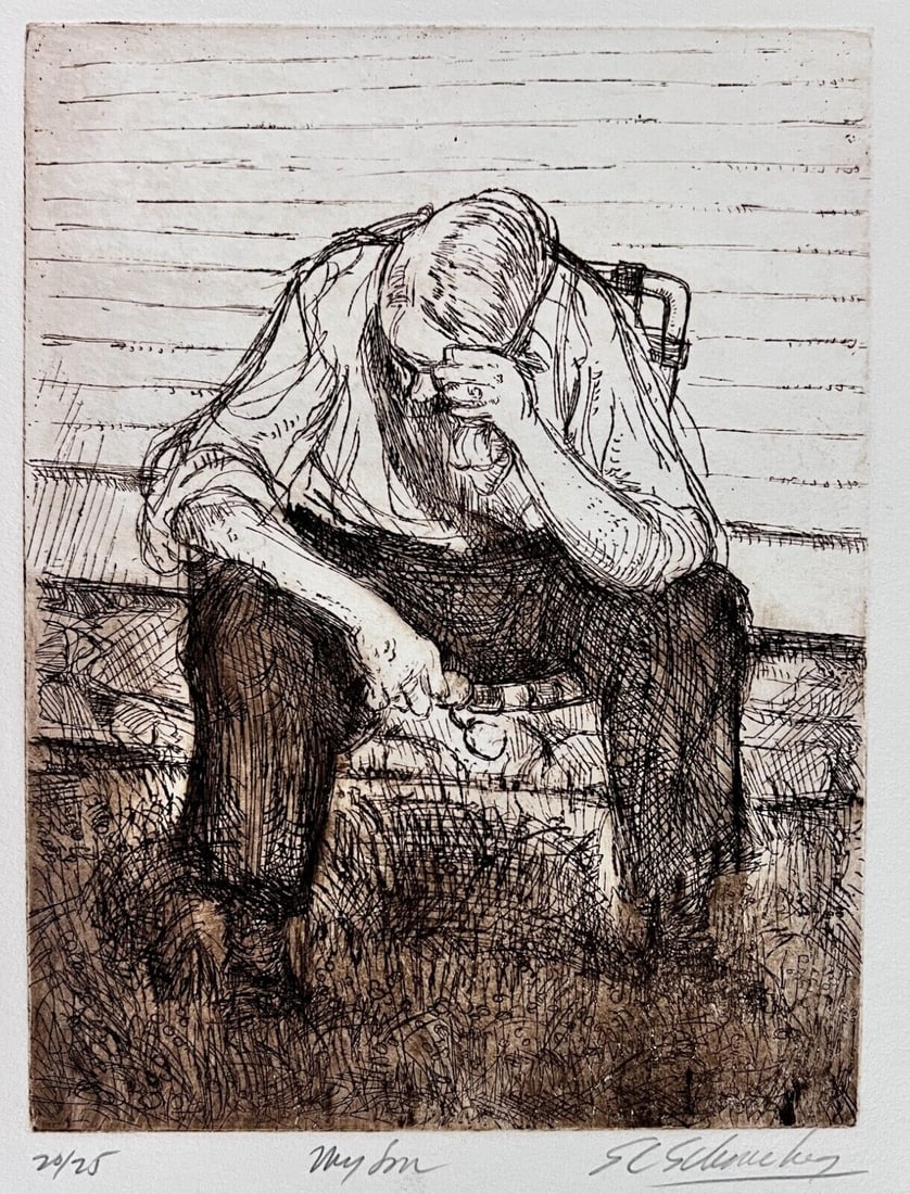 Sheldon C. Schoneberg Print Etching My Son Signed Ltd Ed: Sheldon C. Schoneberg (American 1926-2013) Etching on paper, titled 'My Son' a portrait of an elderly man, seated and weeping. Signed in pencil lower right, from a Ltd Ed/25. Blind embossed shell lowe