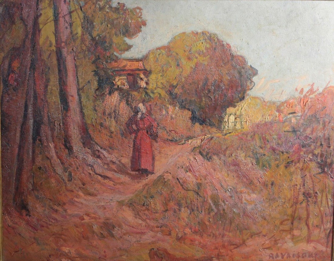 Joseph Ravaisou French 1865 - 1925 Oil painting Impressionist Landscape: Joseph Ravaisou (French 1865 - 1925) Oil painting on canvas, Impressionistic Autumnal landscape, woman walking on path. Signed lower right. In gilt wood frame. 12lb Ravaisou was born in Bandol, Var. I