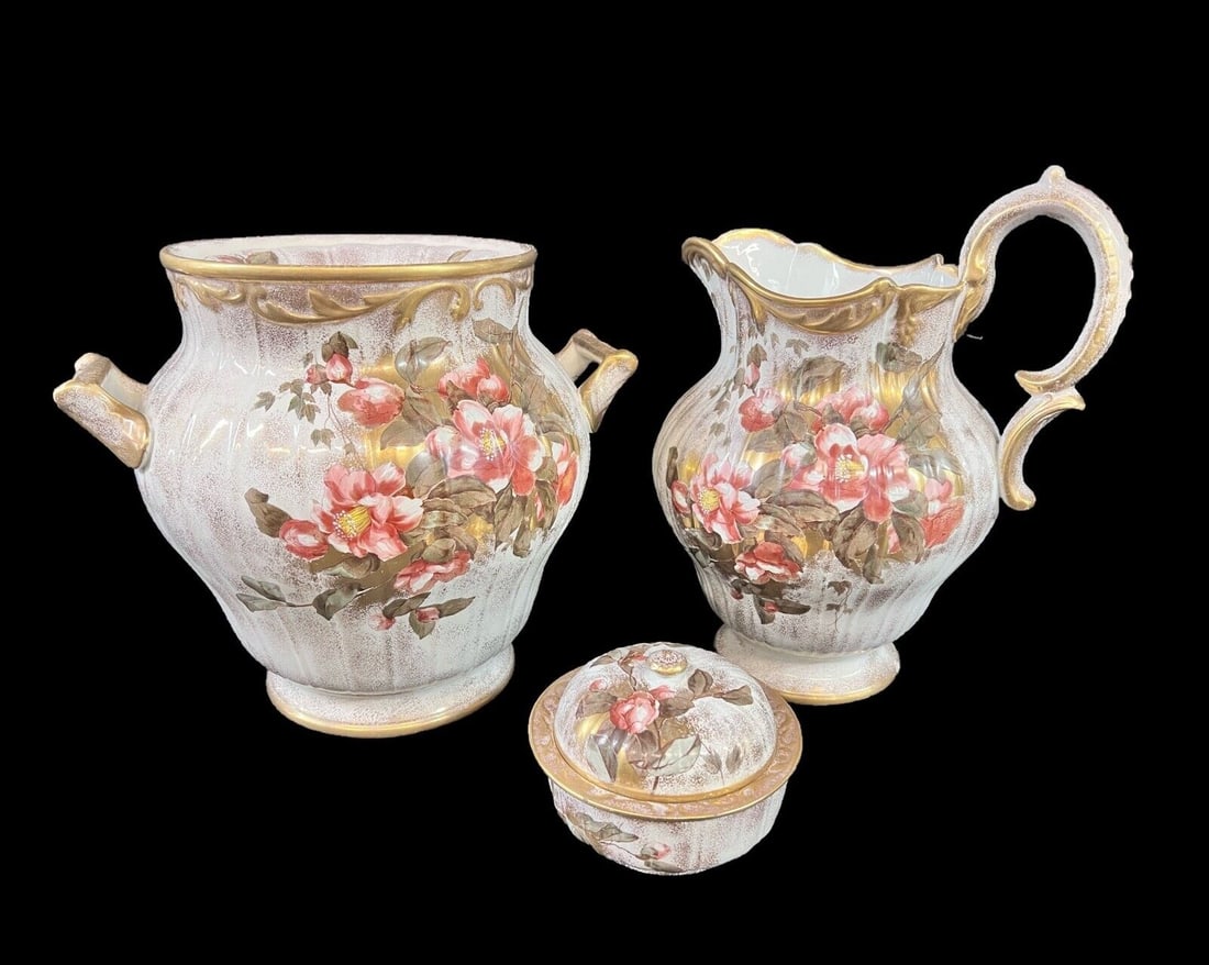 3pc Brownfield & Sons Chamber wash set Burgundy Rose with gilt c1870s (1 of 20)