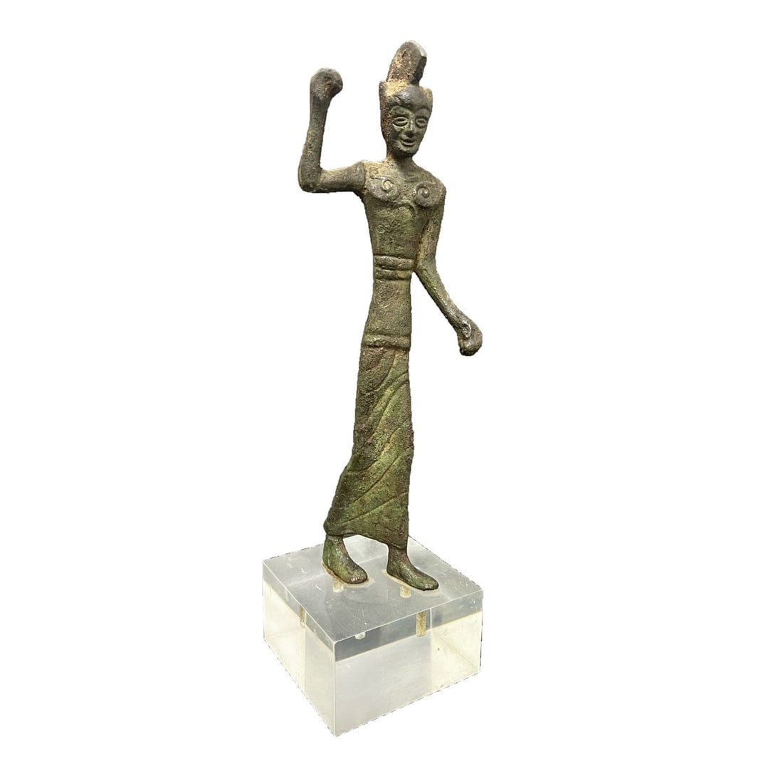 Grand Tour Etruscan style Bronze Statuette: Grand Tour Etruscan style Bronze Statuette, warrior with helmet, arm raised. 3.10lb From the estate of Beverly Hills socialite Connie Wald, wife of film producer/screenwriter Jerry Wald. Last photos i