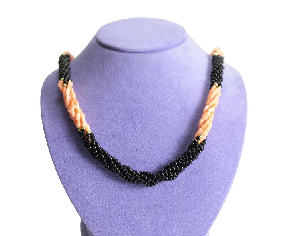 Coral and Onyx braided necklace with gold beads steel closure (1 of 4)