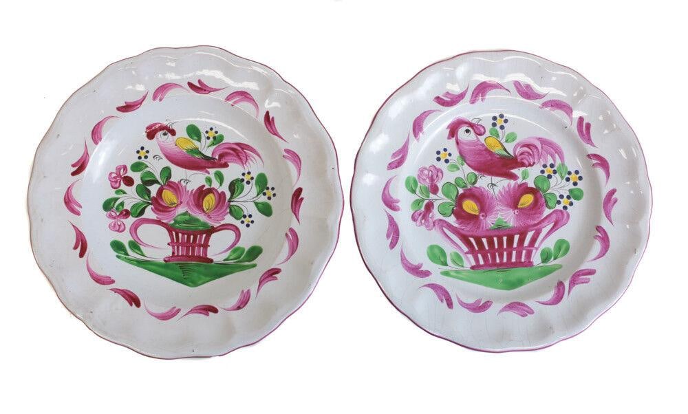 Antique Continental Faience Polychrome Plates, c1800, fanciful cockerel birds (1 of 3)