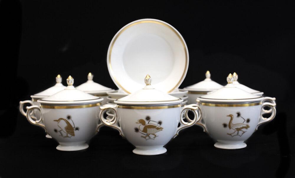 Set for 7 Royal Copenhagen Covered Cream Soup Cups and Saucers, Gold Animals (1 of 8)