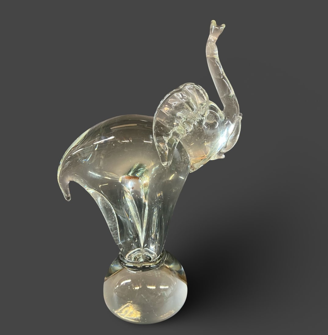 Vintage Hand Blown Art Glass Elephant Sculpture with Raised Trunk Mid Century (1 of 9)