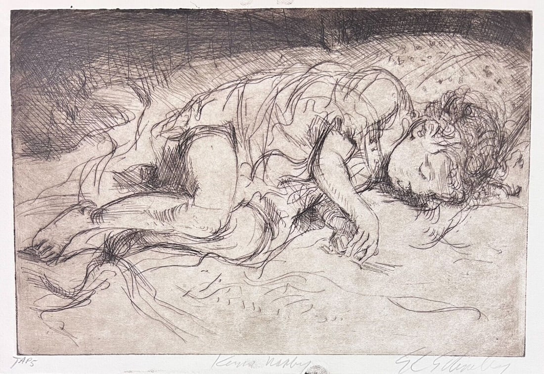 Sheldon C. Schoneberg Print Etching Kezia Napping Signed Artist's Proof: Sheldon C. Schoneberg (American 1926-2013) Etching on paper, titled 'Kezia Napping' a small child sleeping. Signed in pencil lower right, Artist's Proof from a Ltd Ed/25. Unframed. (SP) Measurements: