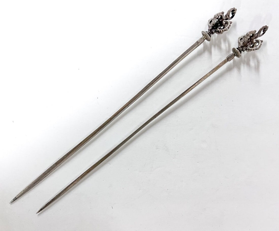Pair of Turkish 800 Silver Meat Skewers Crown Crescent Star c1900 (1 of 4)