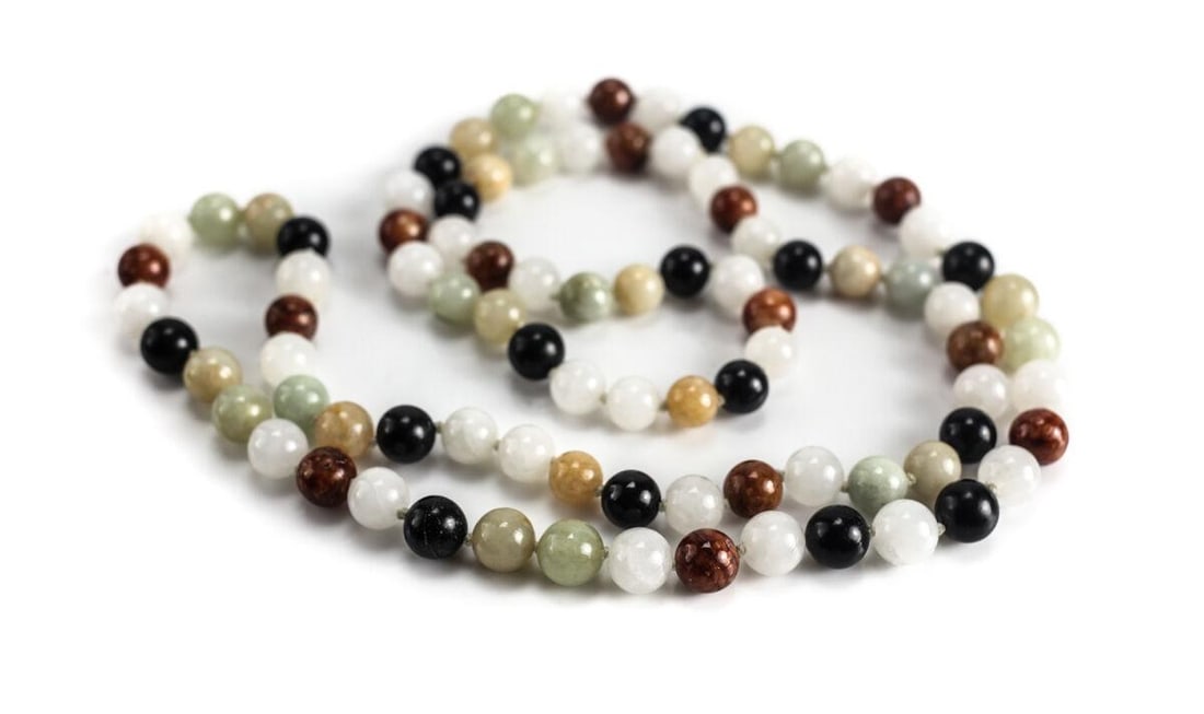 32" Multicolored Jadeite Jade and Onyx Beaded Necklace 8-9mm beads. c1960 (1 of 3)