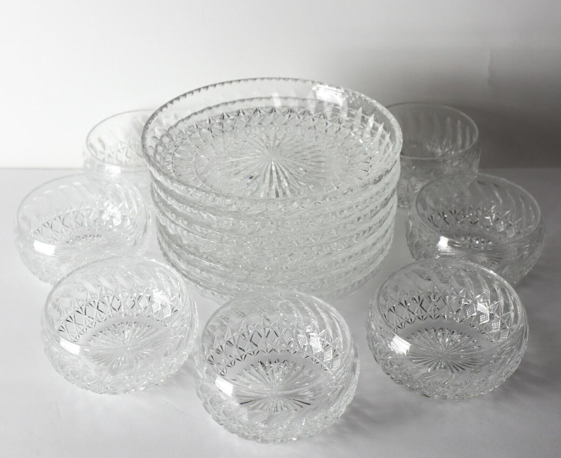 7pc Set of Thomas Webb Cut Glass Bowls with Large Underplates c1950-60 (1 of 6)