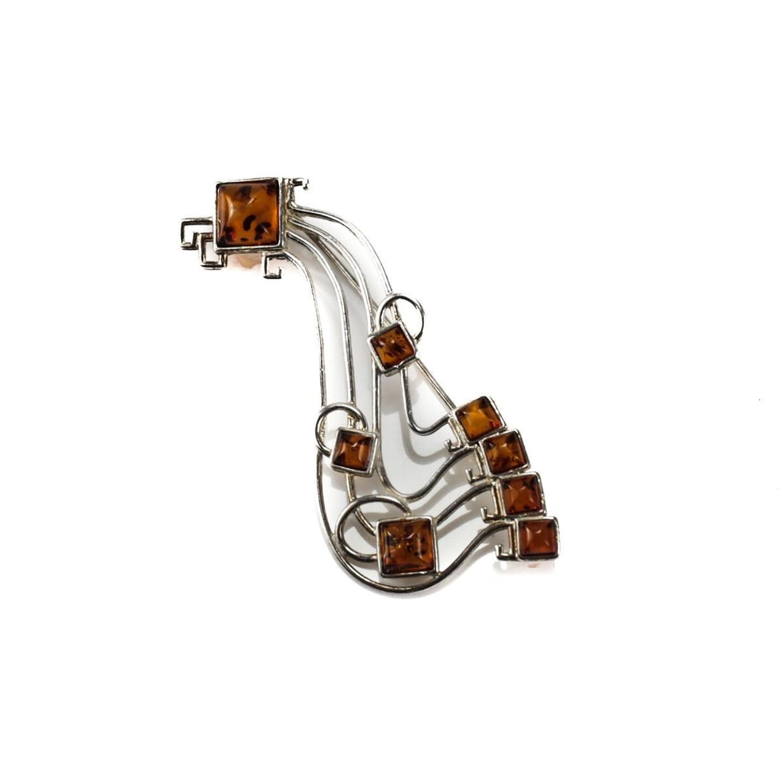 Vintage Sterling Silver Wire Cognac Baltic Amber Saxophone Brooch faceted stones: Vintage Sterling Silver Wire and Cognac Baltic Amber Saxophone Brooch. Square faceted stones on a stylized saxophone of wire. Marked 925. 7.8gram Measurements: Approx. 84mm length x 28mm Condition: Ex