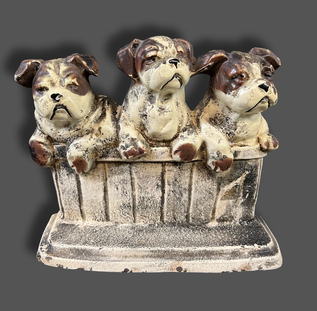 Antique Cast Iron Door Stop Bull Terrier Puppies in Basket c1900: Charming Cold Painted Cast Iron Doorstop features three Staffordshire Bull Dog puppies in a basket. Unmarked. Weight 5.5 pounds. Measurements: Approx. 9.25 x 3 x 7 inches Condition: Good Condition. A