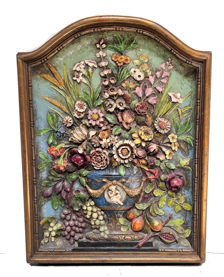 Polychrome Plaster Framed Panel bas relief an urn with bouquet of flowers: Polychrome Plaster Framed Panel, bas relief featuring an urn holding a lush bouquet of flowers, fruit. Arched frame. Weight: Approx. 25lb Measurements: Approx. framed 35 x 28 inches; Plaque 30.5 x 22
