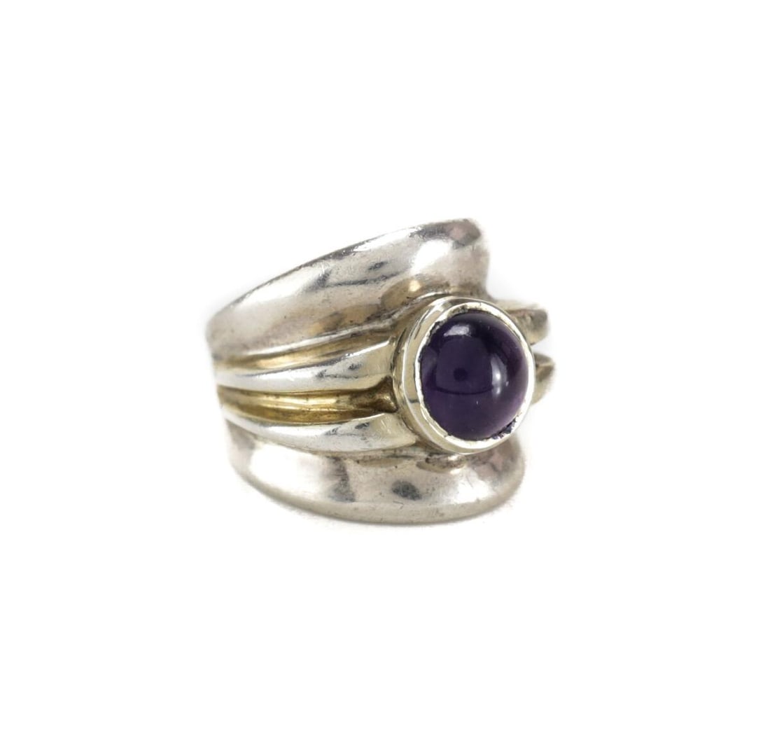 Vtg Sterling Silver Amethyst Cabochon Ring size 6.25 Round stone heavy for size (1 of 4)