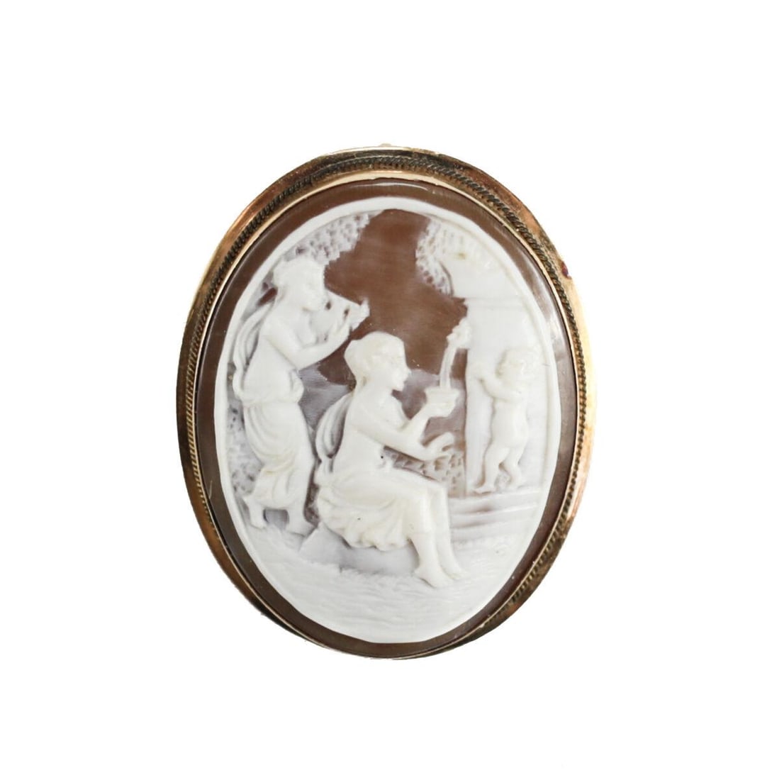 Figural Antiquity Scene Shell Cameo Brooch Pendant 9k Gold 3 detailed figures (1 of 5)