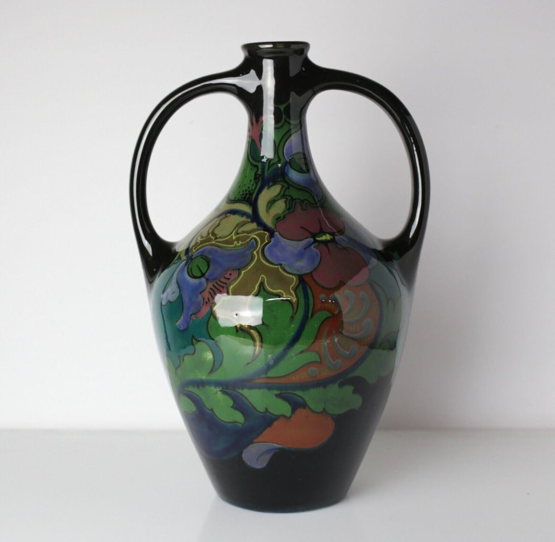 Gouda Holland Schoonhoven Haven Pottery Vase gloss dual handles florals c1920 (1 of 4)