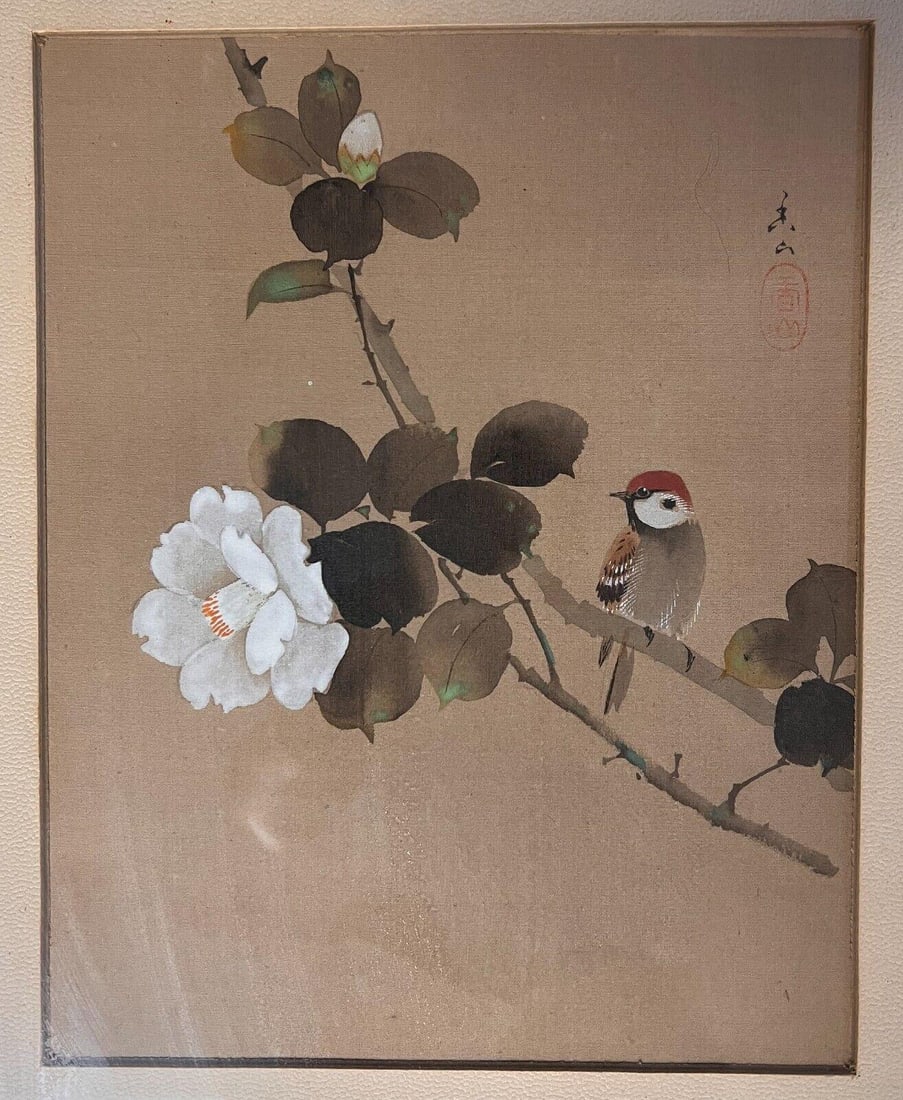 Vintage Chinese Gouache painting on silk, Blooming Rose with bird (1 of 5)