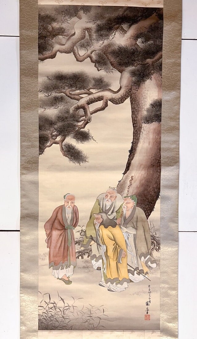 Vertical Scroll painting elderly figures by a tree (1 of 7)