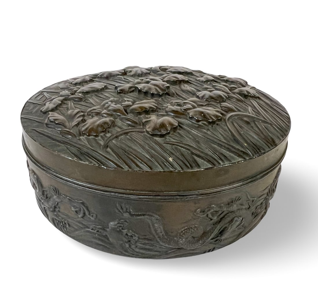 Large Japanese Iris and Dragon Bronze Patina Antimony Box c1900 (1 of 8)