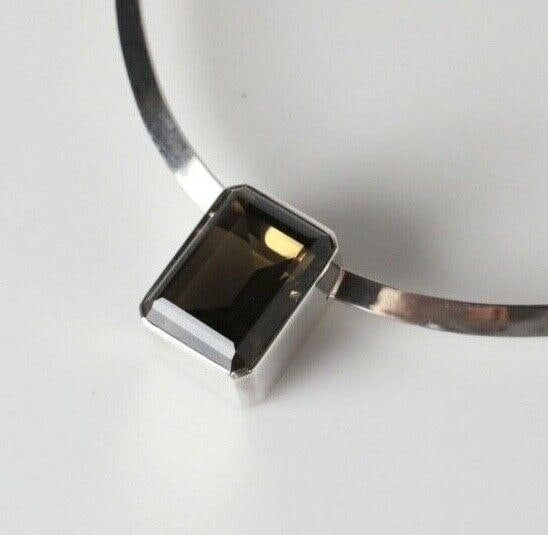 Vintage Taxco Mexico Sterling Silver Smoky Quartz Modernist Collar Necklace: Vintage Taxco Mexico Sterling Silver Smoky Quartz, often referred to as smoky topaz Modernist Collar Necklace c 1970. The pendant is removable. 44.23grams Measurements: Approx. Stone: 18mm x 25mm; nec