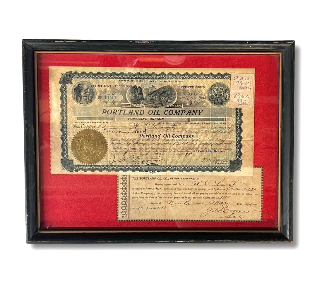 Portland Oil Company Stock Certificate 1901 and agreement (1 of 9)