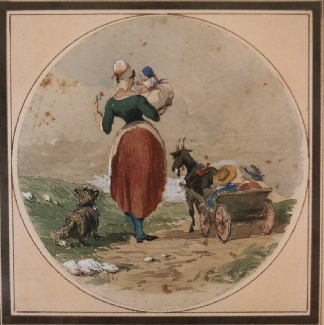 Miniature Watercolor Charming scene woman holding an infant 18-19th century (1 of 3)